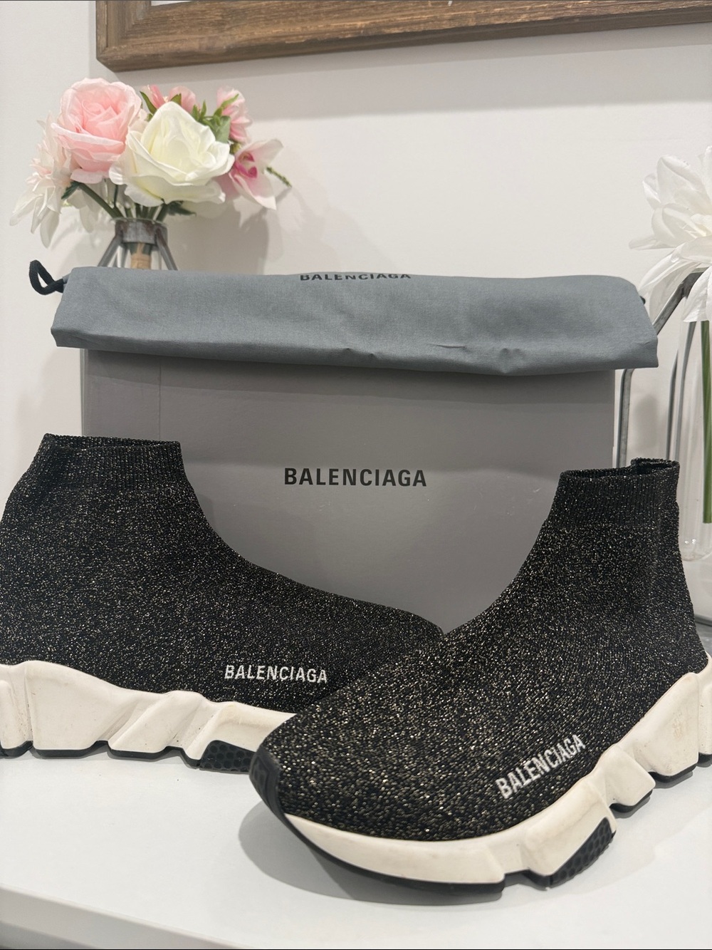 Balenciaga Women’s Black Glitter Knit Speed Trainer Sneakers